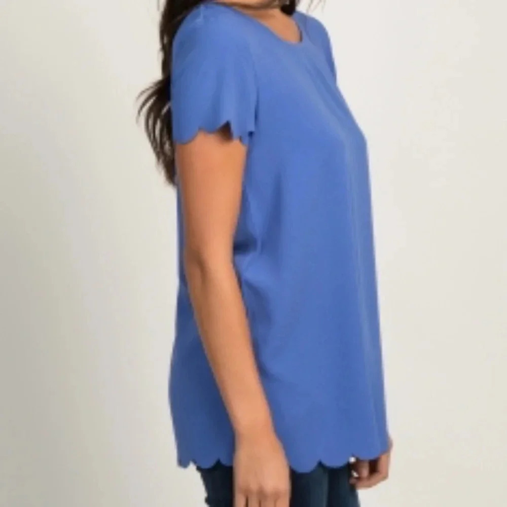 NEW*PinkBlush Blue Solid‎ Scalloped Hem Top - Picture 3 of 15